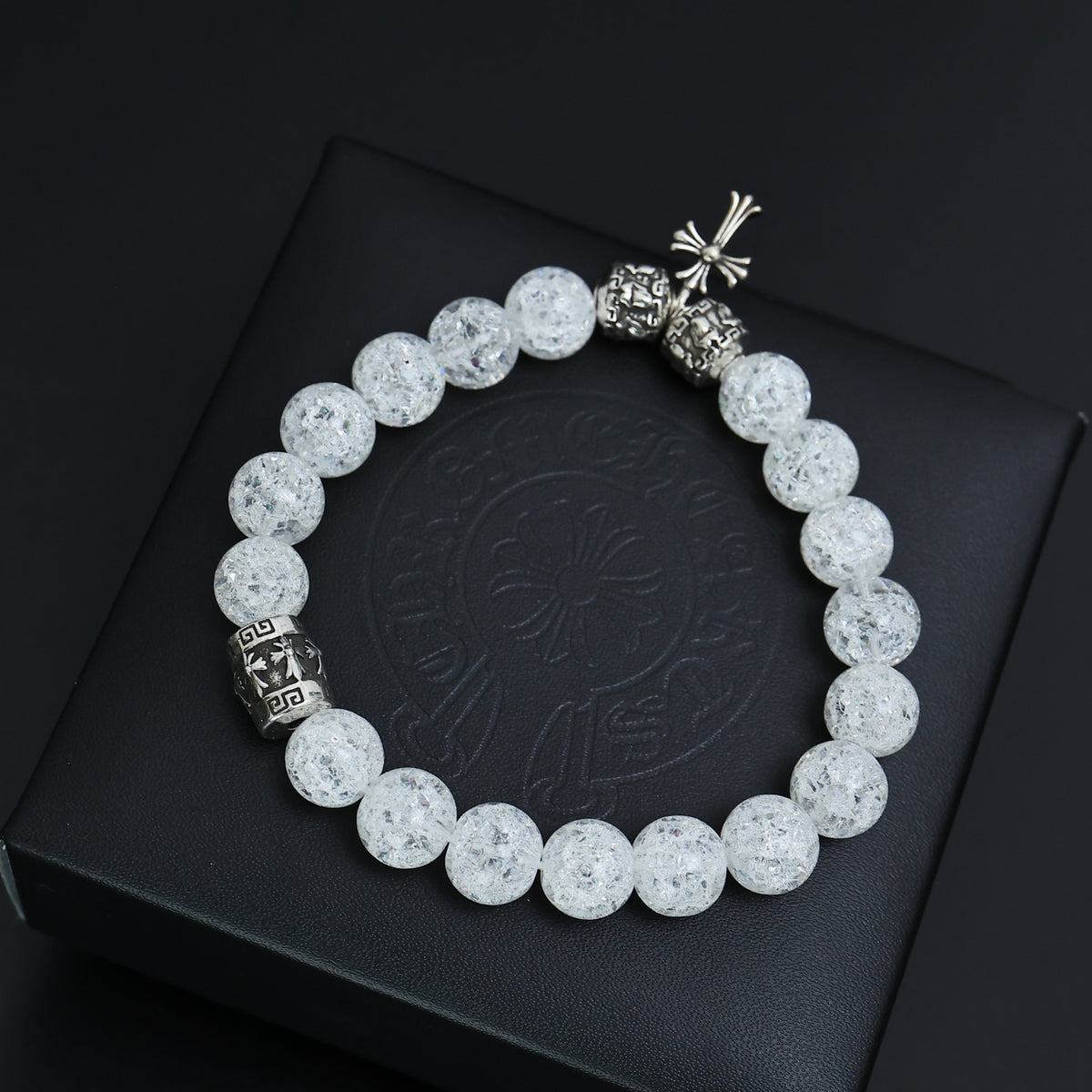 Gothic Emblem Beaded Bracelet in Antique Silver-Tone – Design 25 front product view