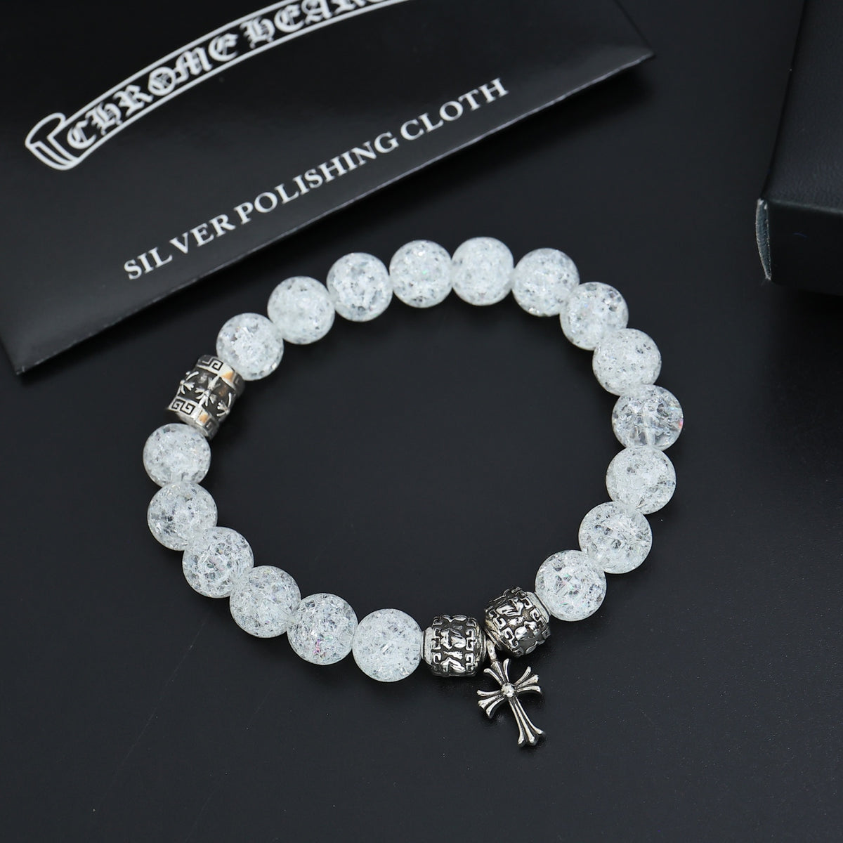 Gothic Emblem Beaded Bracelet in Antique Silver-Tone – Design 03 side detail