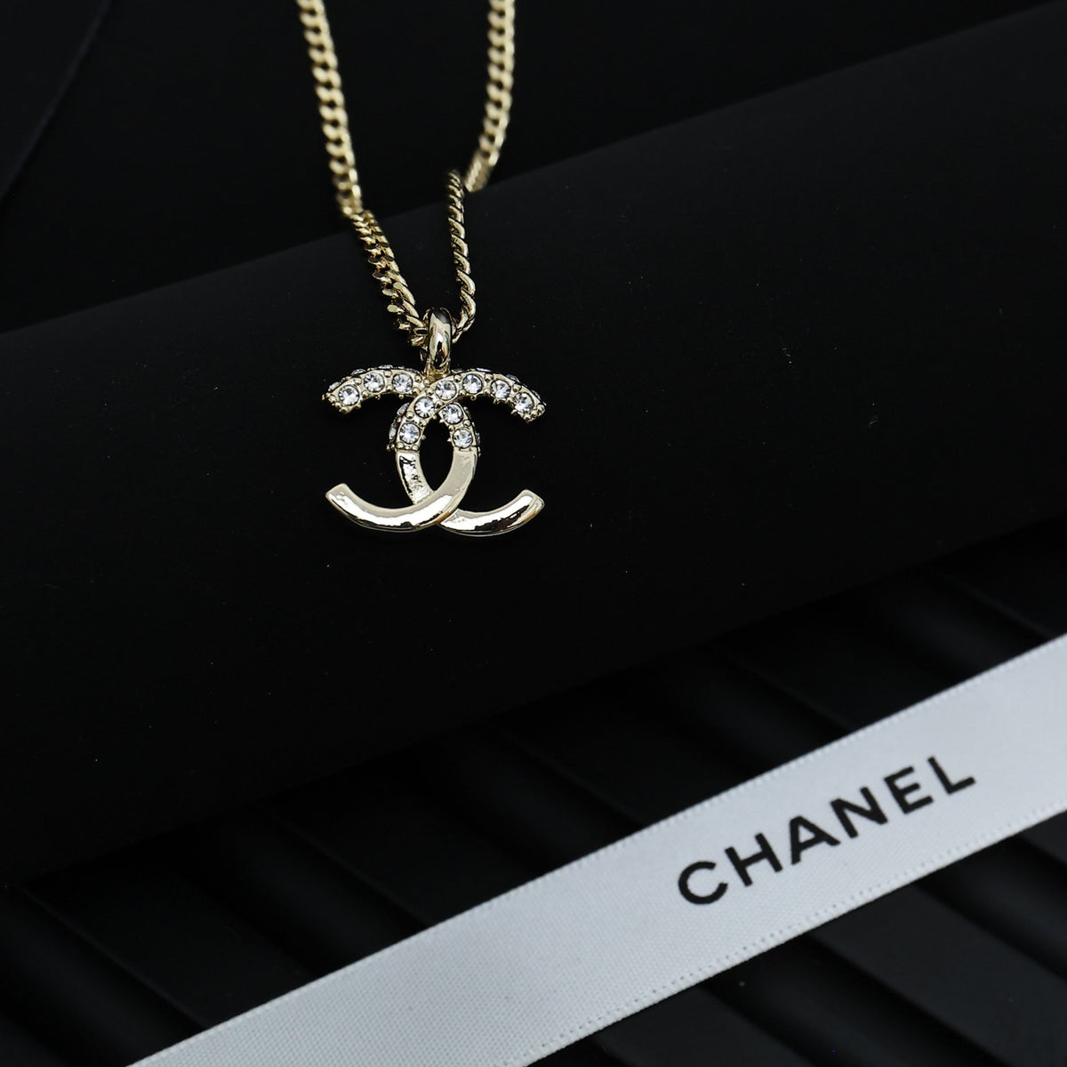 Double-C Emblem Crystal-Accent Pendant Necklace – Design 030 detail view
