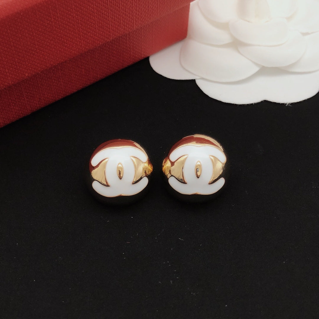 Round Stud Earrings in Gold-Tone – White Detail main product view