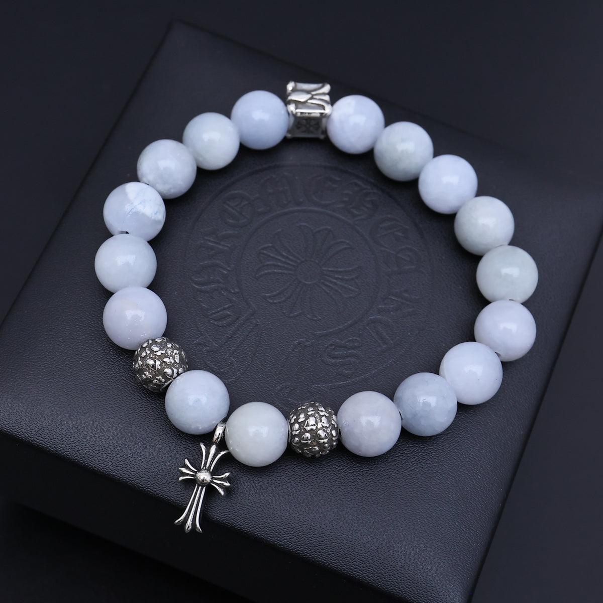 Gothic Emblem Beaded Bracelet in Antique Silver-Tone – Design 06 front product view