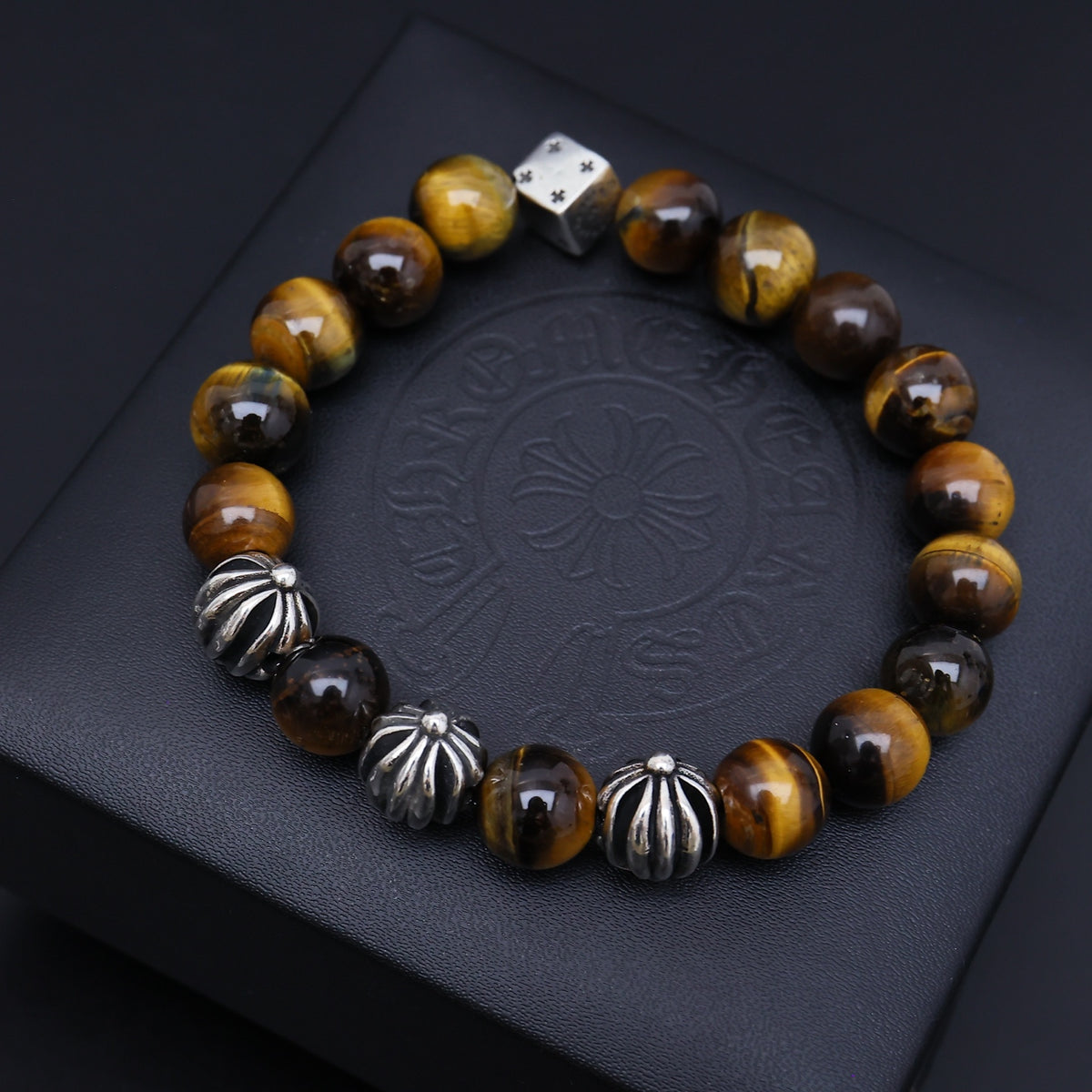 Gothic Emblem Beaded Bracelet in Antique Silver-Tone – Design 05 front product view