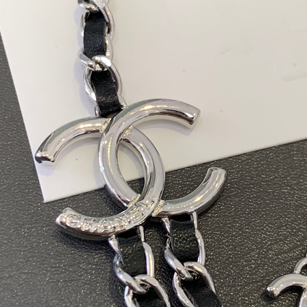 Signature Emblem Pendant Necklace in Polished Metal-Tone – Black Detail – Design 002 side detail