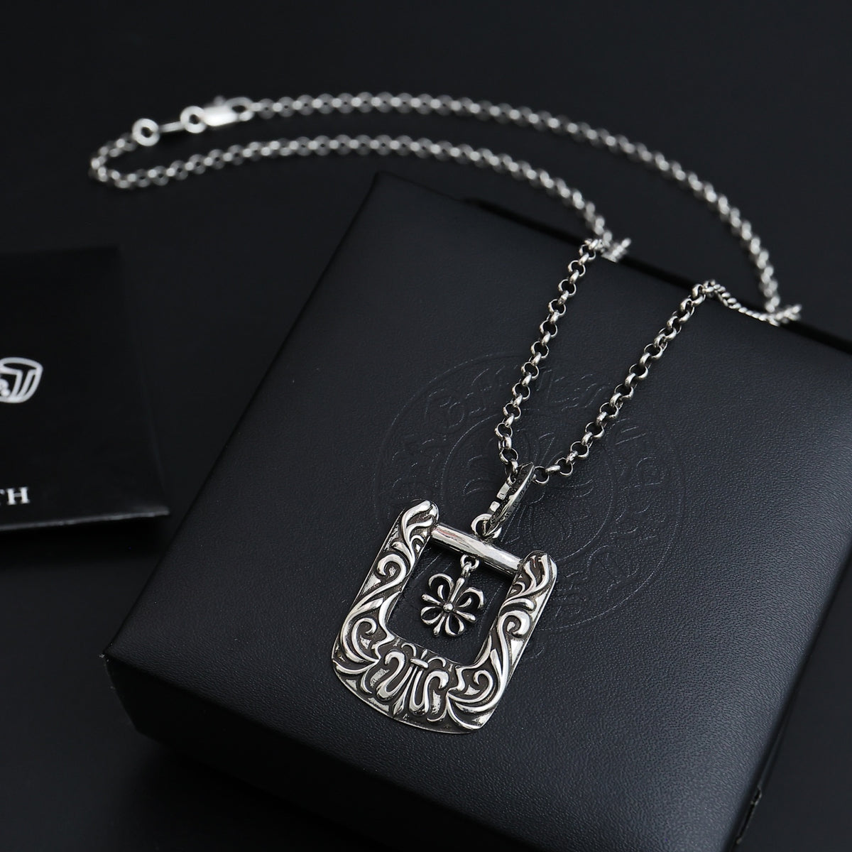 Gothic Emblem Pendant Necklace in Antique Silver-Tone – Design 21 front product view