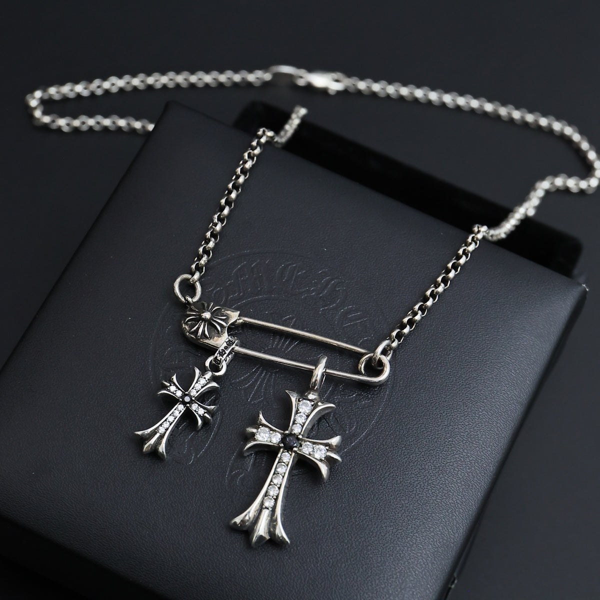 Gothic Emblem Pendant Necklace in Antique Silver-Tone – Design 04 front product view