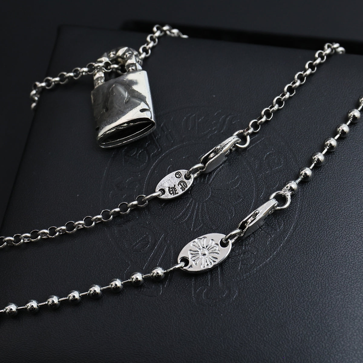 Gothic Emblem Pendant Necklace in Antique Silver-Tone – Design 18 styled product view