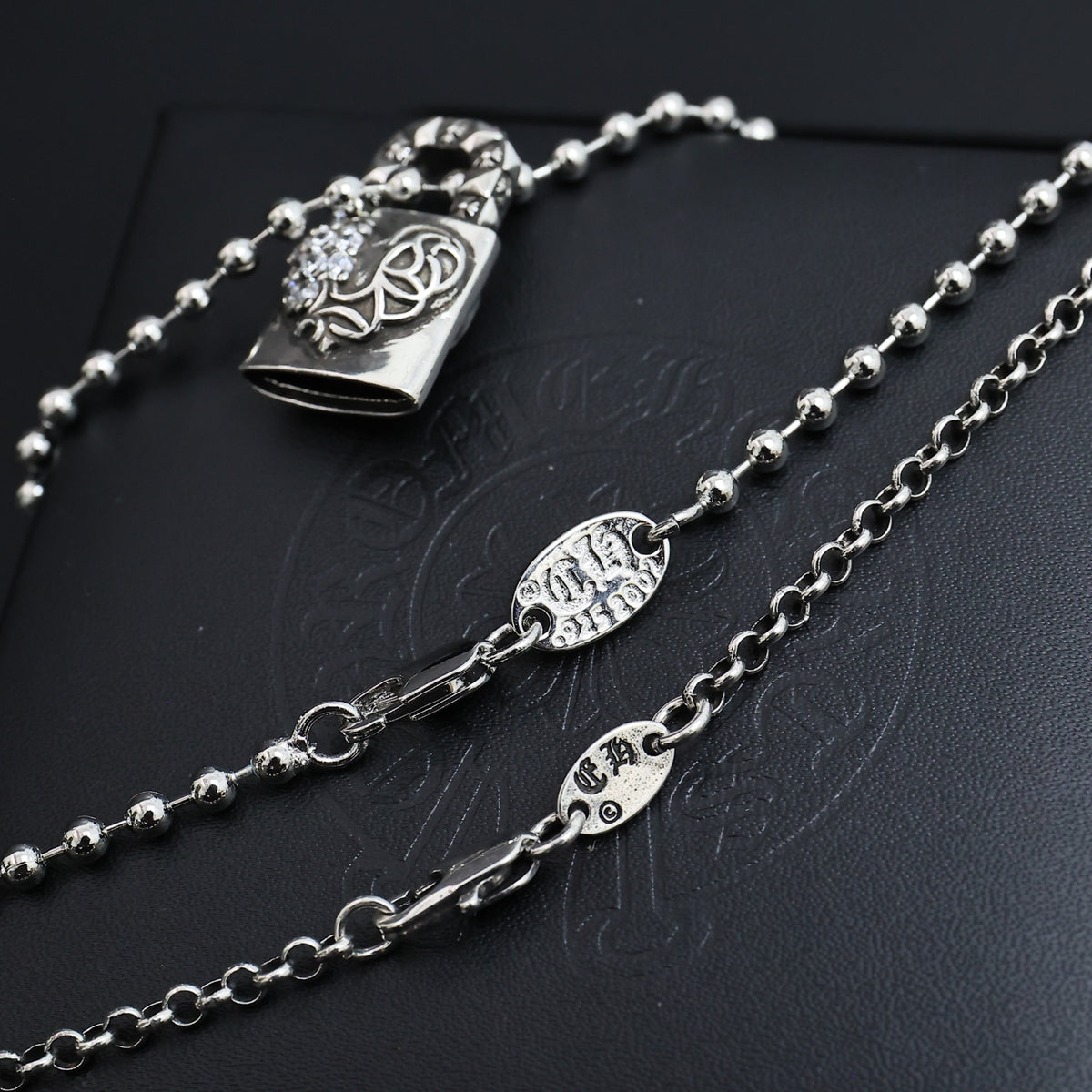 Gothic Emblem Pendant Necklace in Antique Silver-Tone – Design 01 styled product view