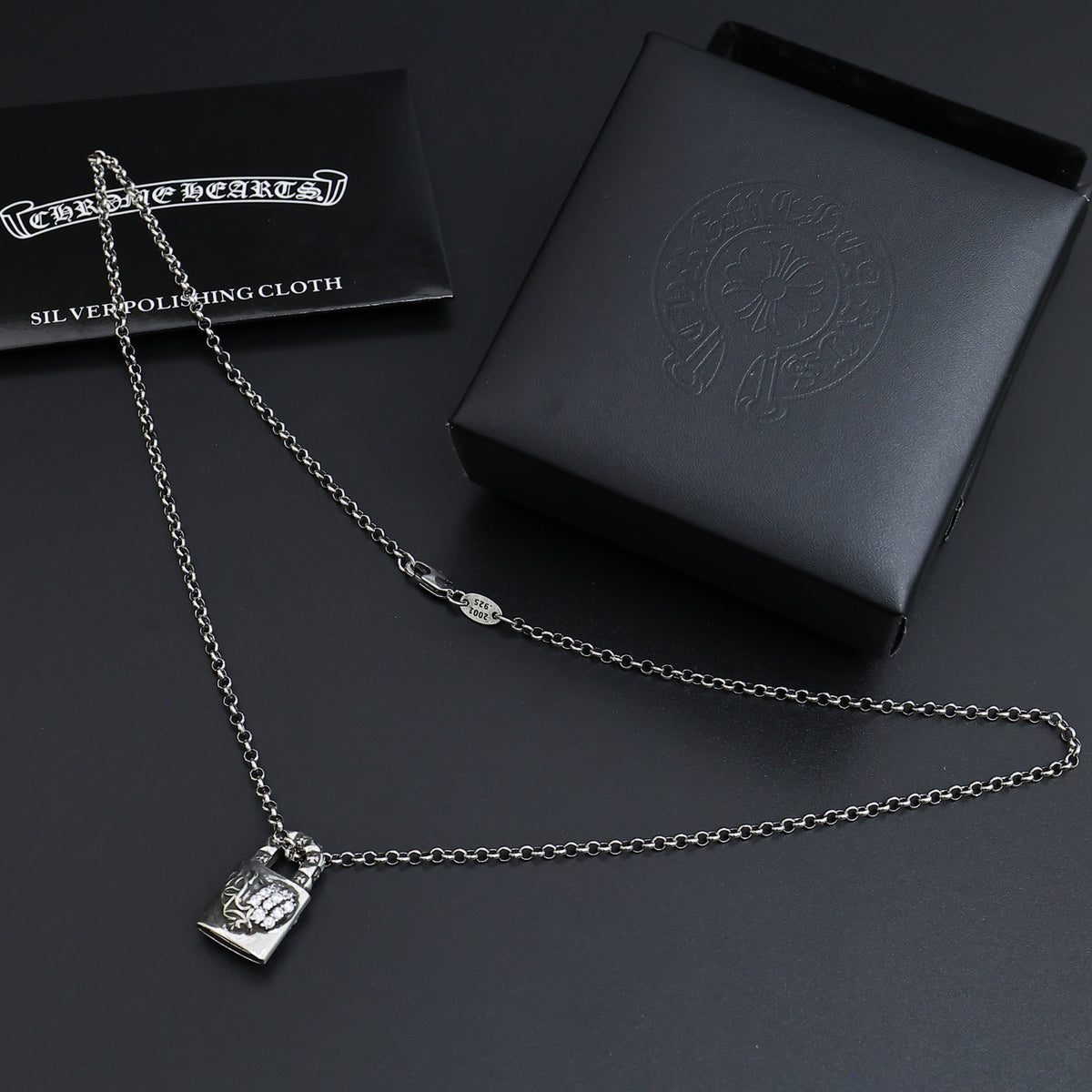 Gothic Emblem Pendant Necklace in Antique Silver-Tone – Design 01 side detail