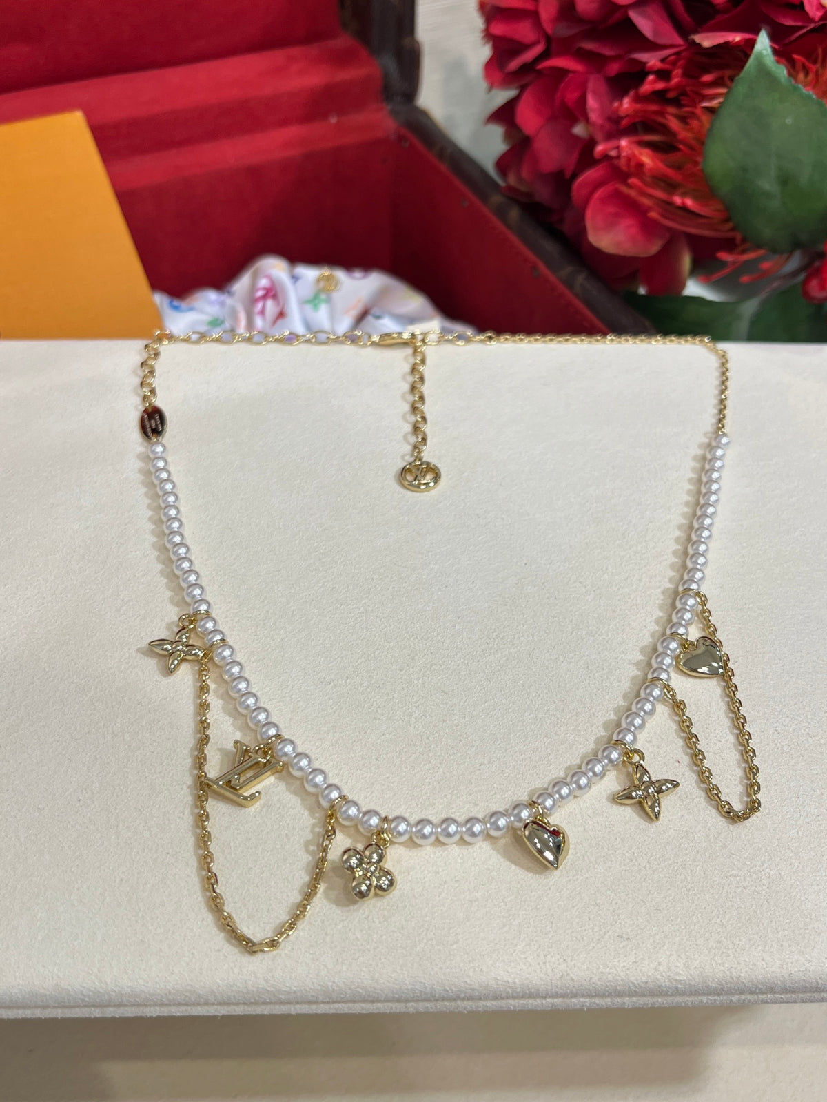 Letter Emblem Pendant Necklace in Gold-Tone – Pearl Detail side detail