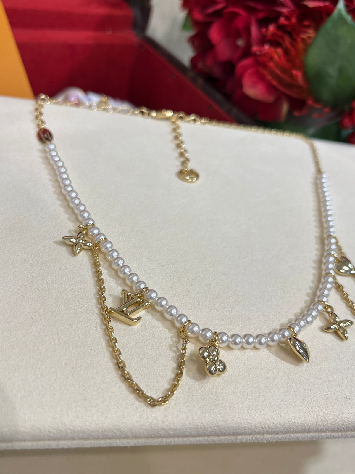 Letter Emblem Pendant Necklace in Gold-Tone – Pearl Detail close-up detail