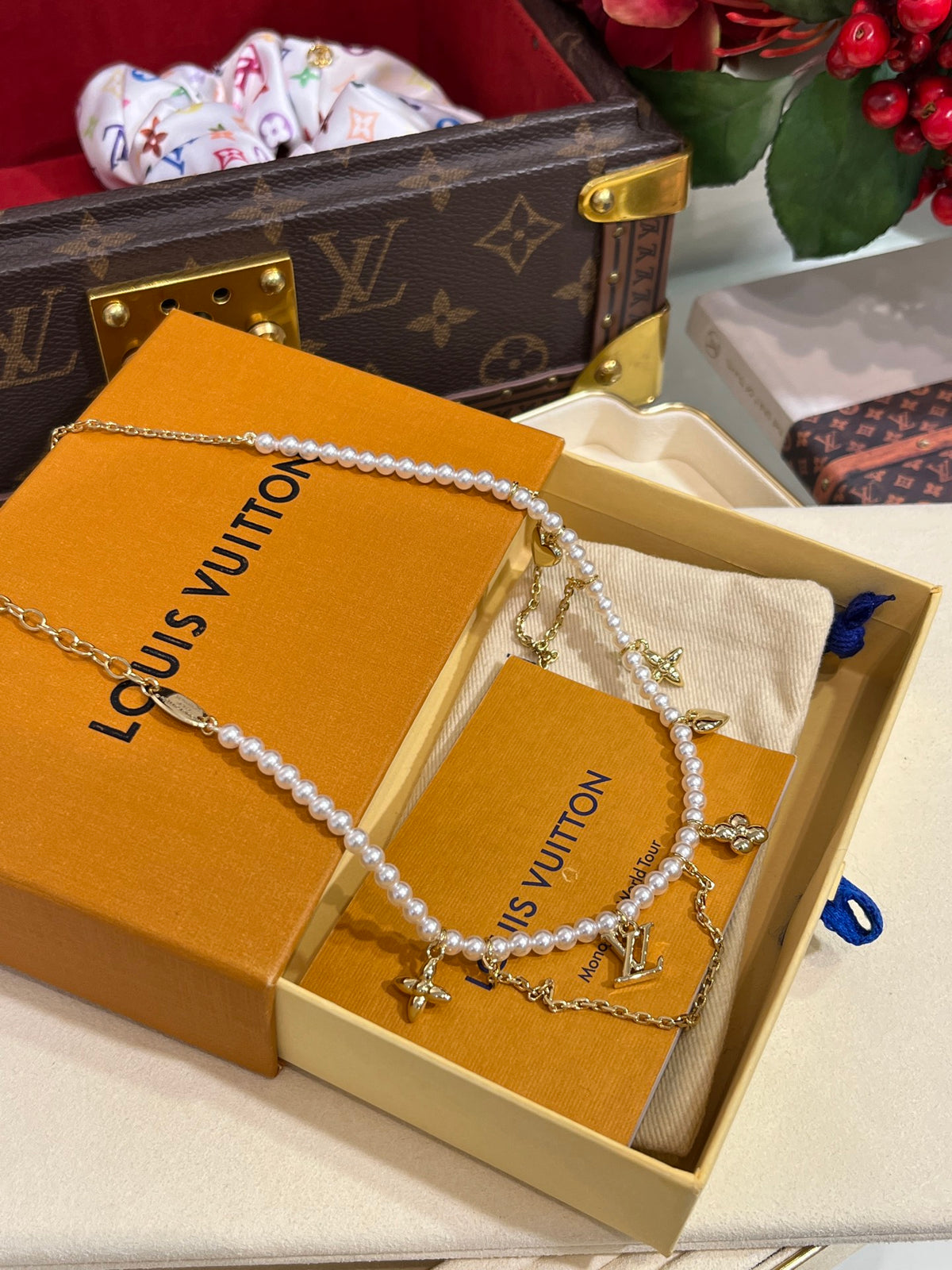 Letter Emblem Pendant Necklace in Gold-Tone – Pearl Detail detail view