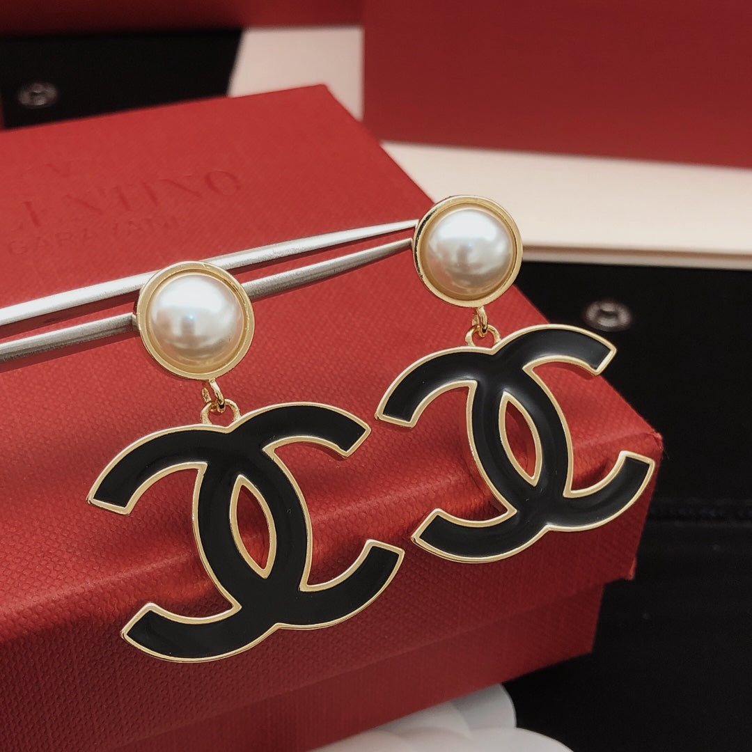Signature Emblem Stud Earrings in Gold-Tone – Black Detail – Design 002 main product view