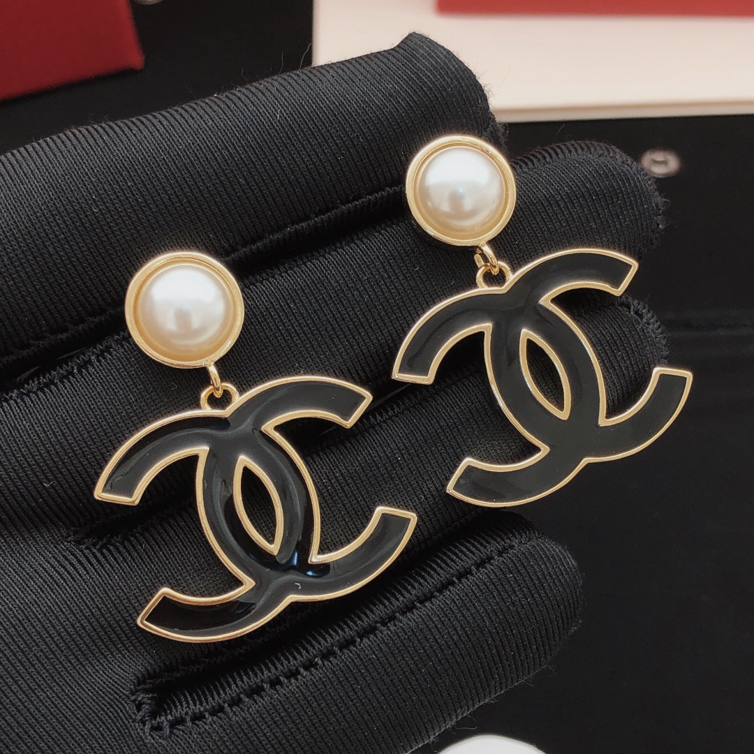 Signature Emblem Stud Earrings in Gold-Tone – Black Detail – Design 002 main product view