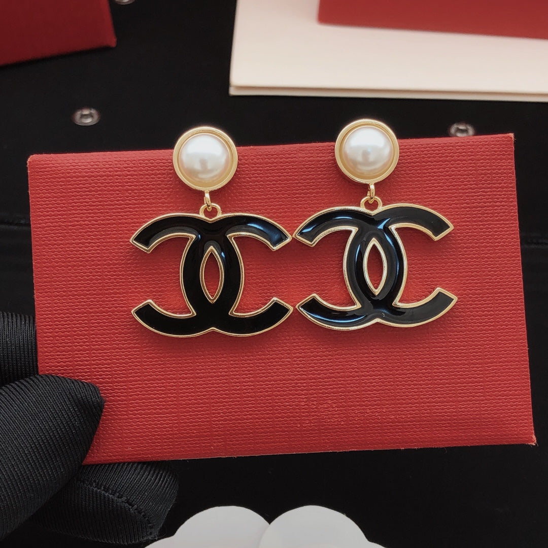 Signature Emblem Stud Earrings in Gold-Tone – Black Detail – Design 002 styled product view