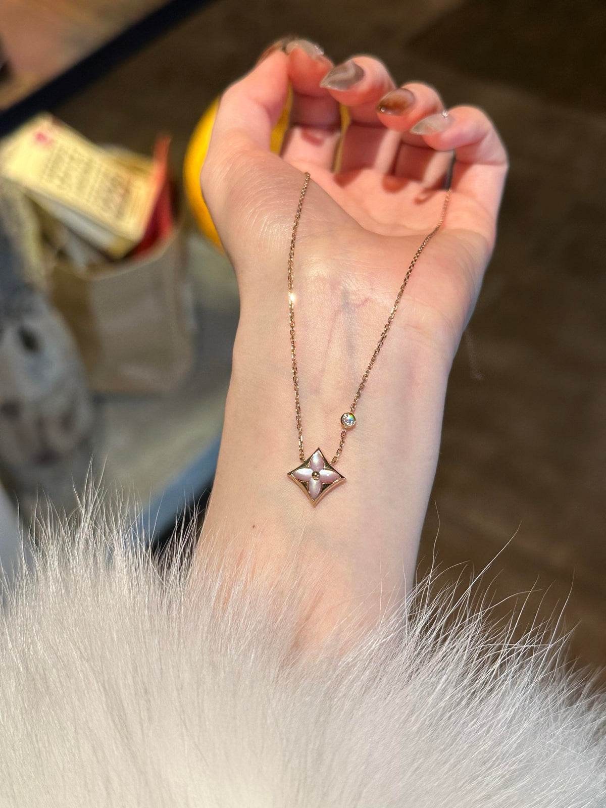 Geometric Emblem Pendant Necklace in Gold-Tone – White Detail – Design 005 main product view