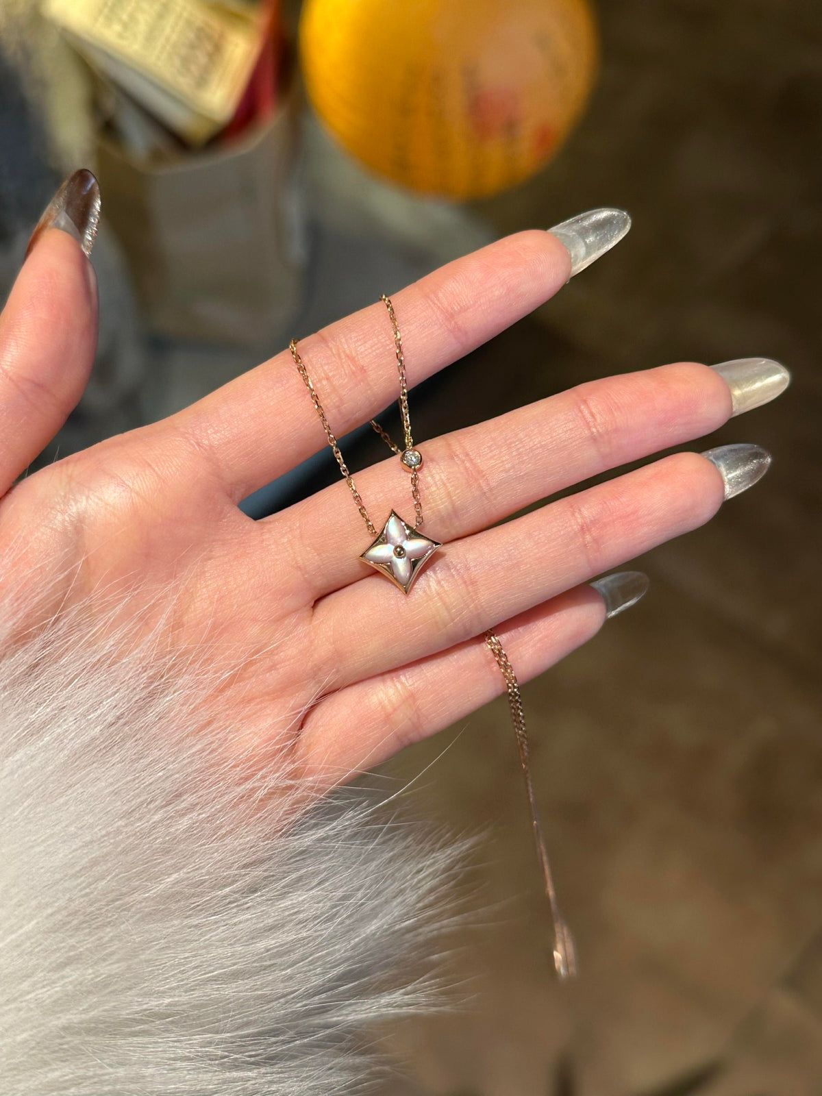 Geometric Emblem Pendant Necklace in Gold-Tone – White Detail – Design 005 front product view