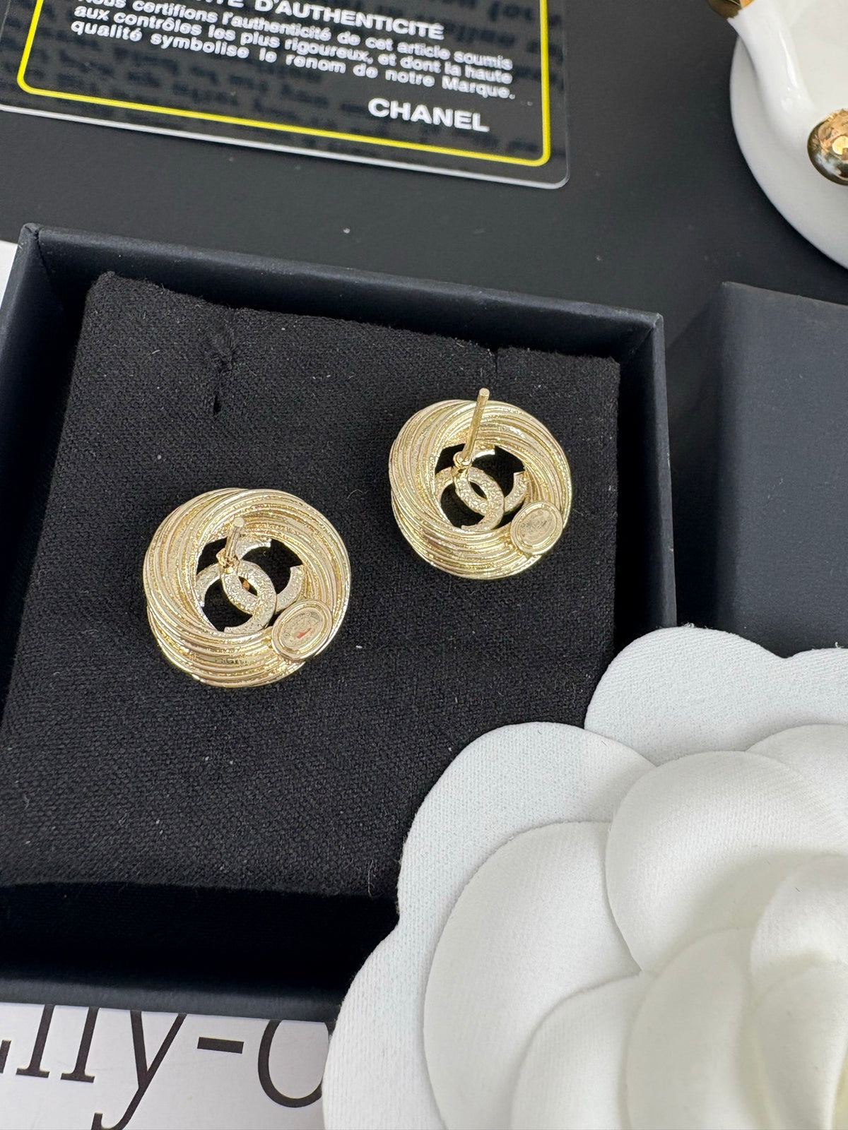 Double-C Emblem Stud Earrings in Gold-Tone – Design 022 detail view