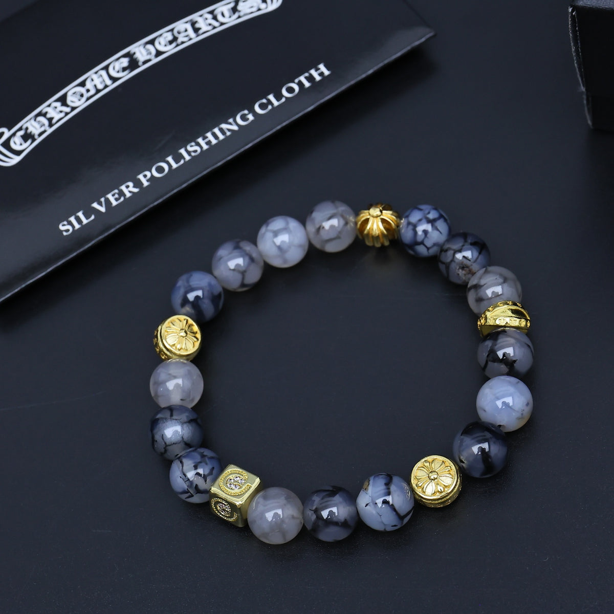 Gothic Emblem Beaded Bracelet in Antique Silver-Tone – Design 18 detail view