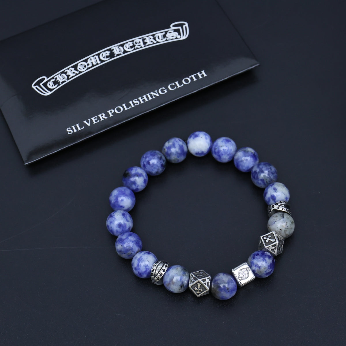 Gothic Emblem Beaded Bracelet in Antique Silver-Tone – Design 17 detail view