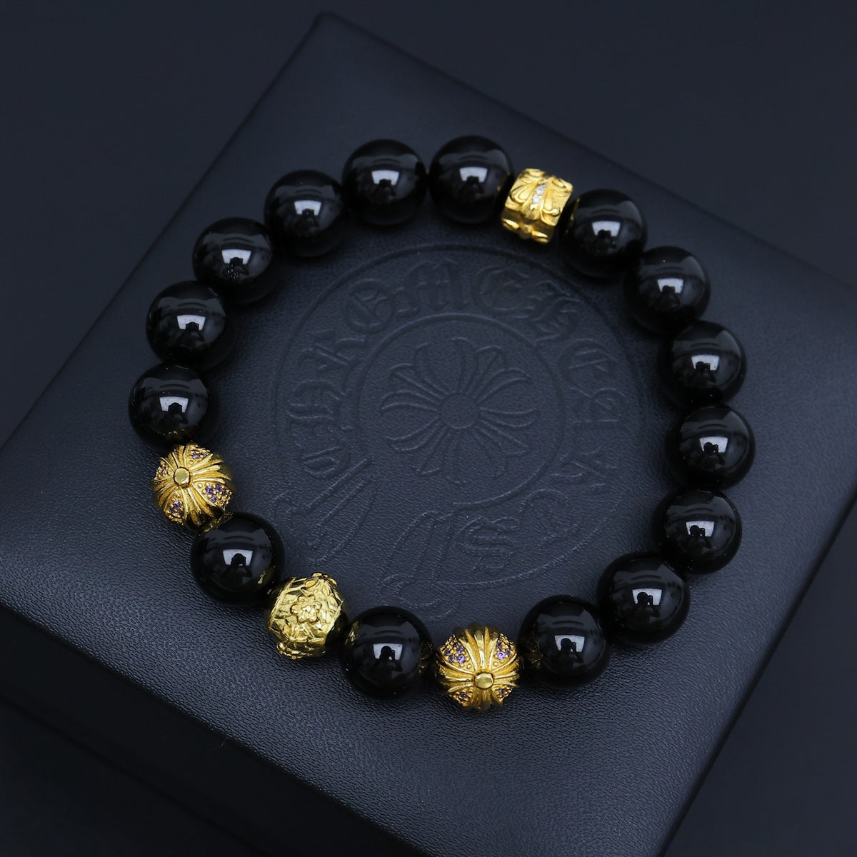 Gothic Emblem Beaded Bracelet in Antique Silver-Tone – Design 17 front product view