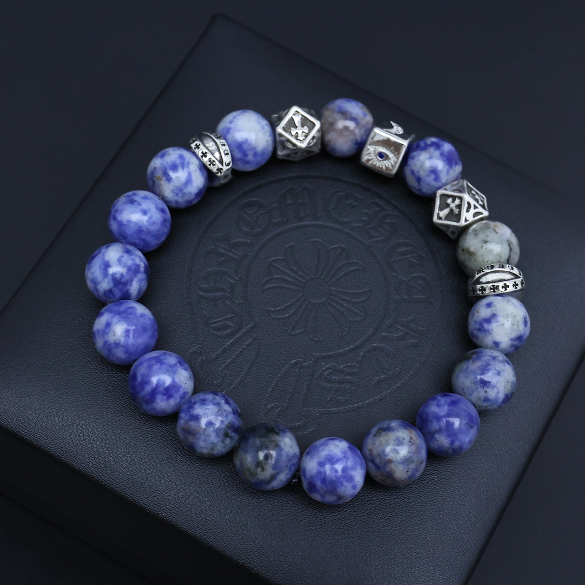 Gothic Emblem Beaded Bracelet in Antique Silver-Tone – Design 17 side detail