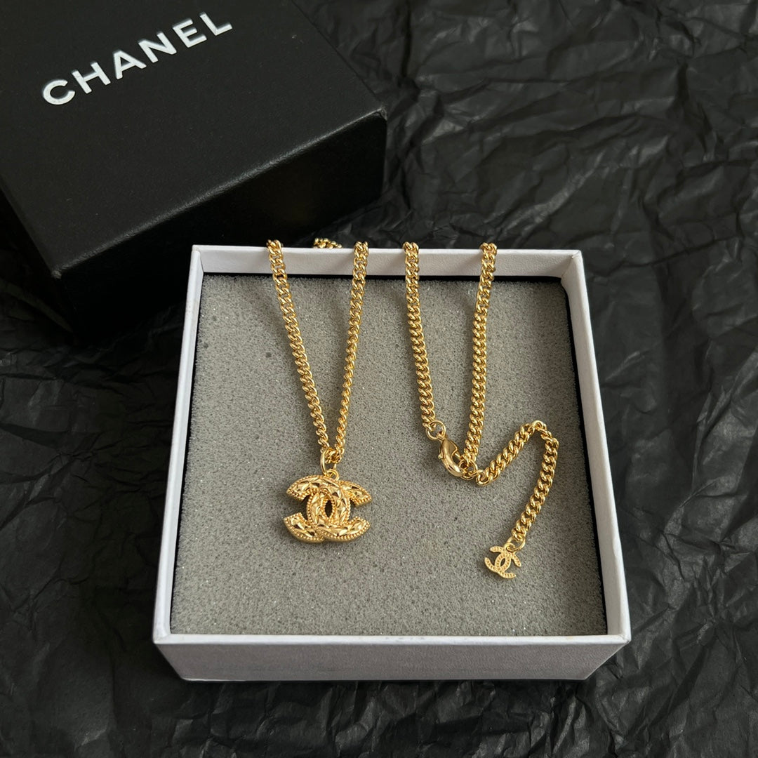 Double-C Emblem Pendant Necklace in Polished Metal-Tone – Design 063 front product view