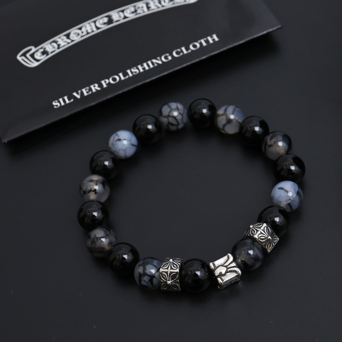 Gothic Emblem Beaded Bracelet in Antique Silver-Tone – Design 12 detail view