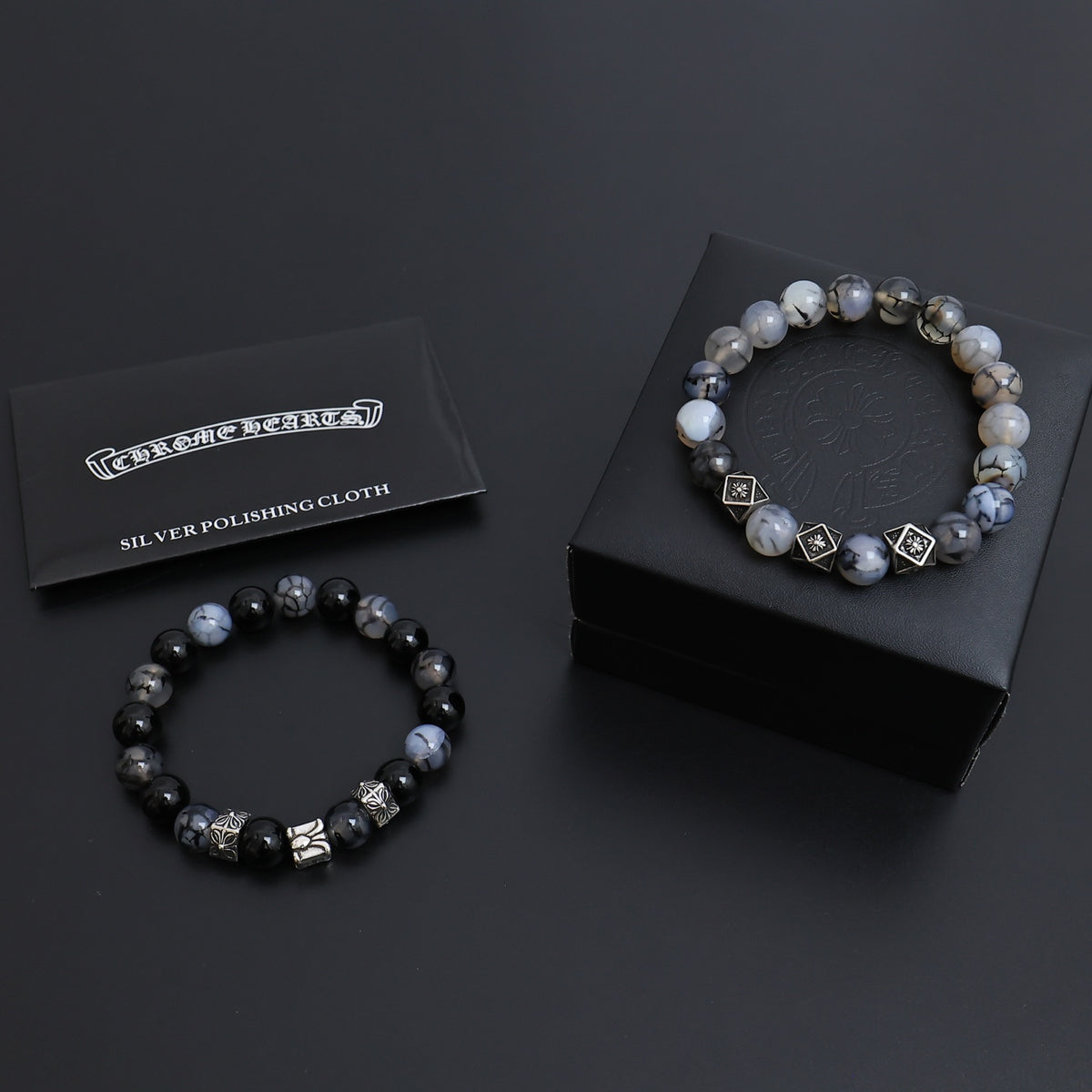 Gothic Emblem Beaded Bracelet in Antique Silver-Tone – Design 12 main product view