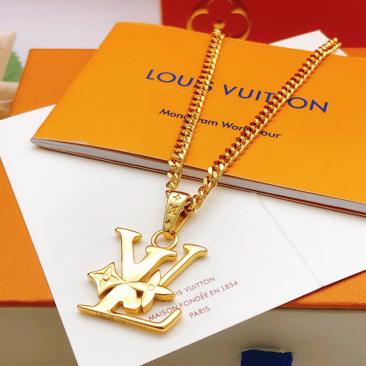Geometric Emblem Pendant Necklace in Gold-Tone – Design 058 main product view