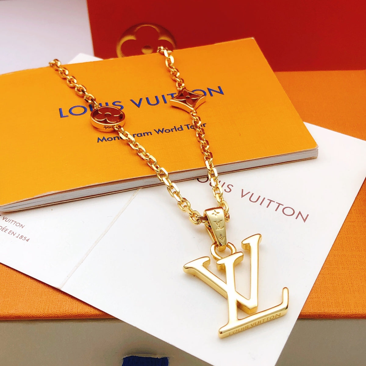 Geometric Emblem Pendant Necklace in Gold-Tone – Design 027 front product view