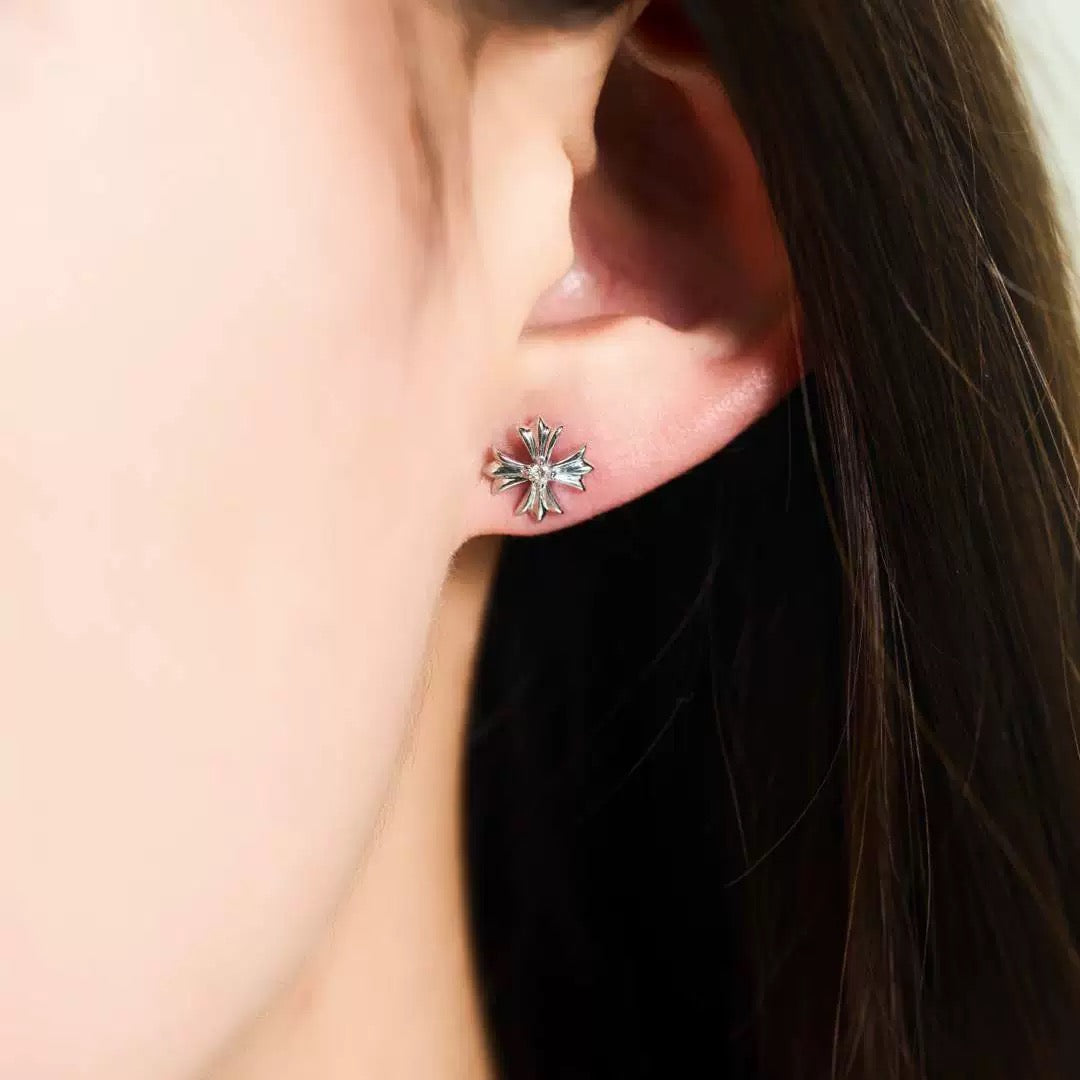 Cross Stud Earrings in Antique Silver-Tone – Design 03 front product view