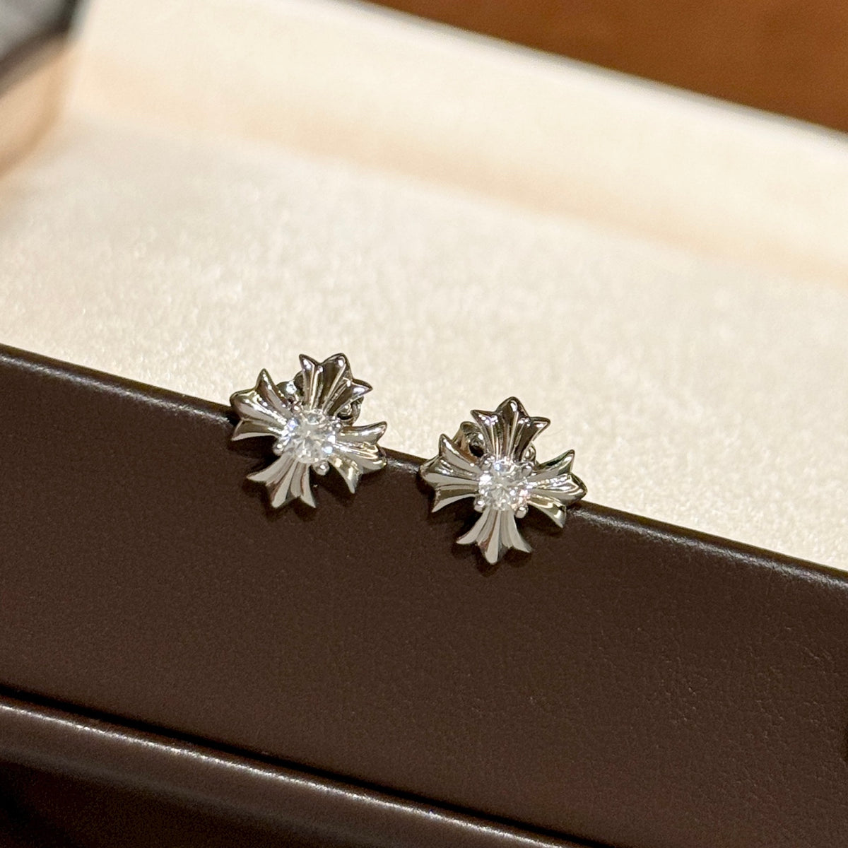 Cross Stud Earrings in Antique Silver-Tone – Design 03 main product view