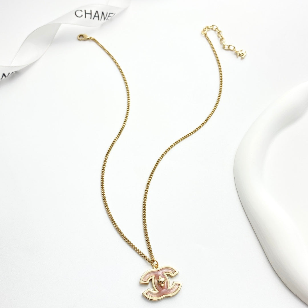 Signature Emblem Pendant Necklace in Gold-Tone – Pink Detail – Design 004 side detail