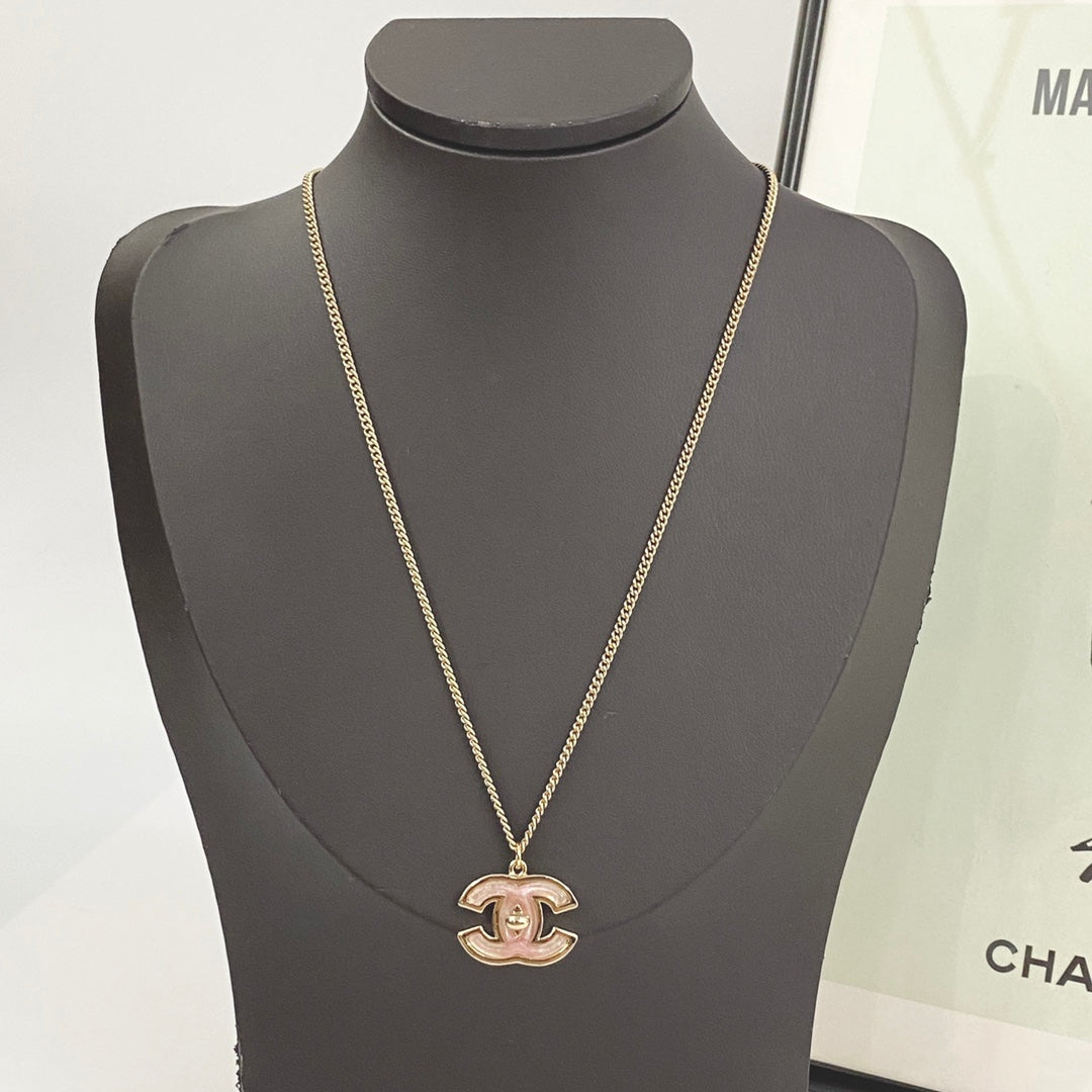 Signature Emblem Pendant Necklace in Gold-Tone – Pink Detail – Design 004 main product view