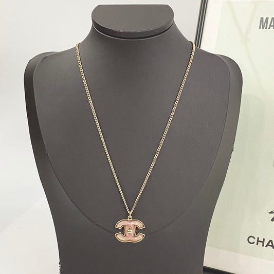 Signature Emblem Pendant Necklace in Gold-Tone – Pink Detail – Design 004 main product view