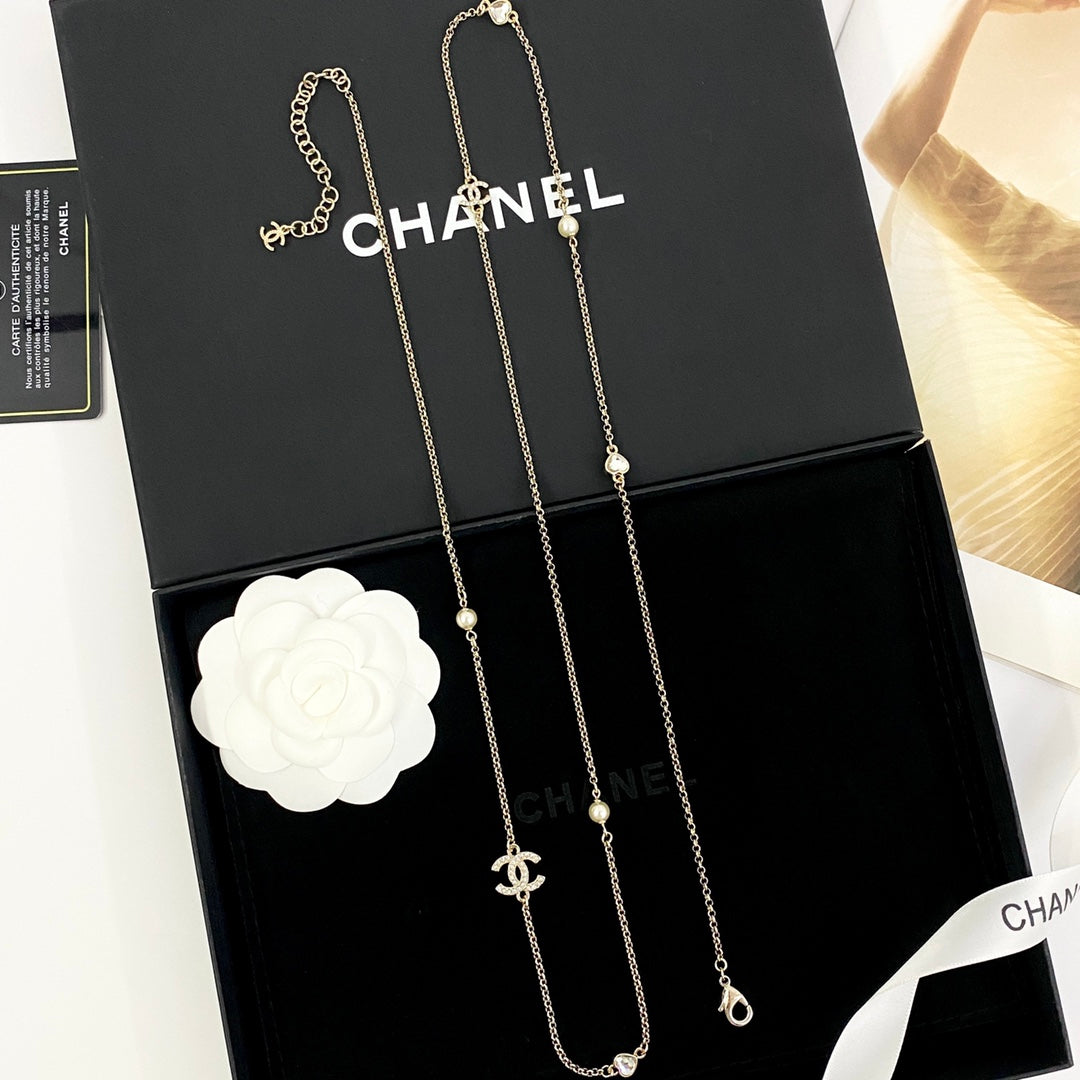Double-C Emblem Pearl-Detail Pendant Necklace – Pearl Detail – Design 085 front product view