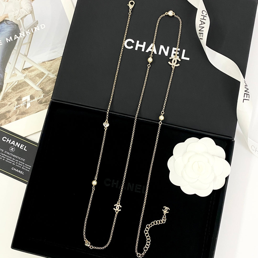 Double-C Emblem Pearl-Detail Pendant Necklace – Pearl Detail – Design 085 styled product view