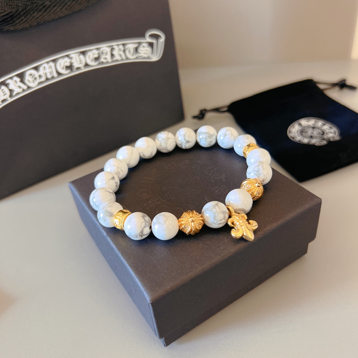 Gothic Emblem Beaded Bracelet in Metal-Tone – Design 06 front product view