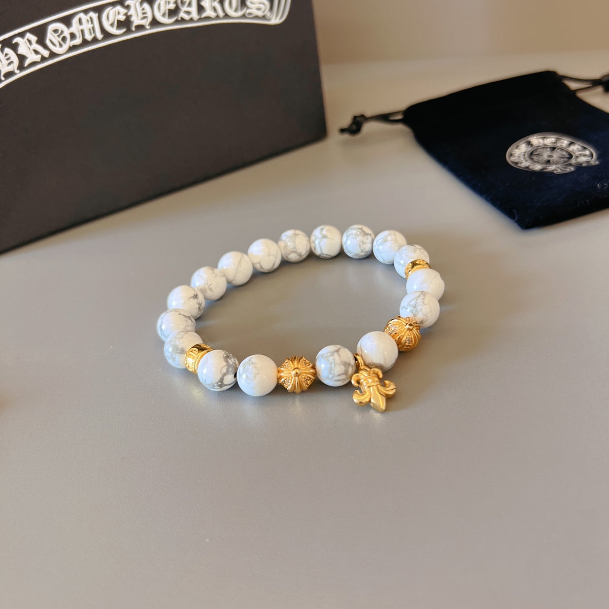 Gothic Emblem Beaded Bracelet in Metal-Tone – Design 06 styled product view