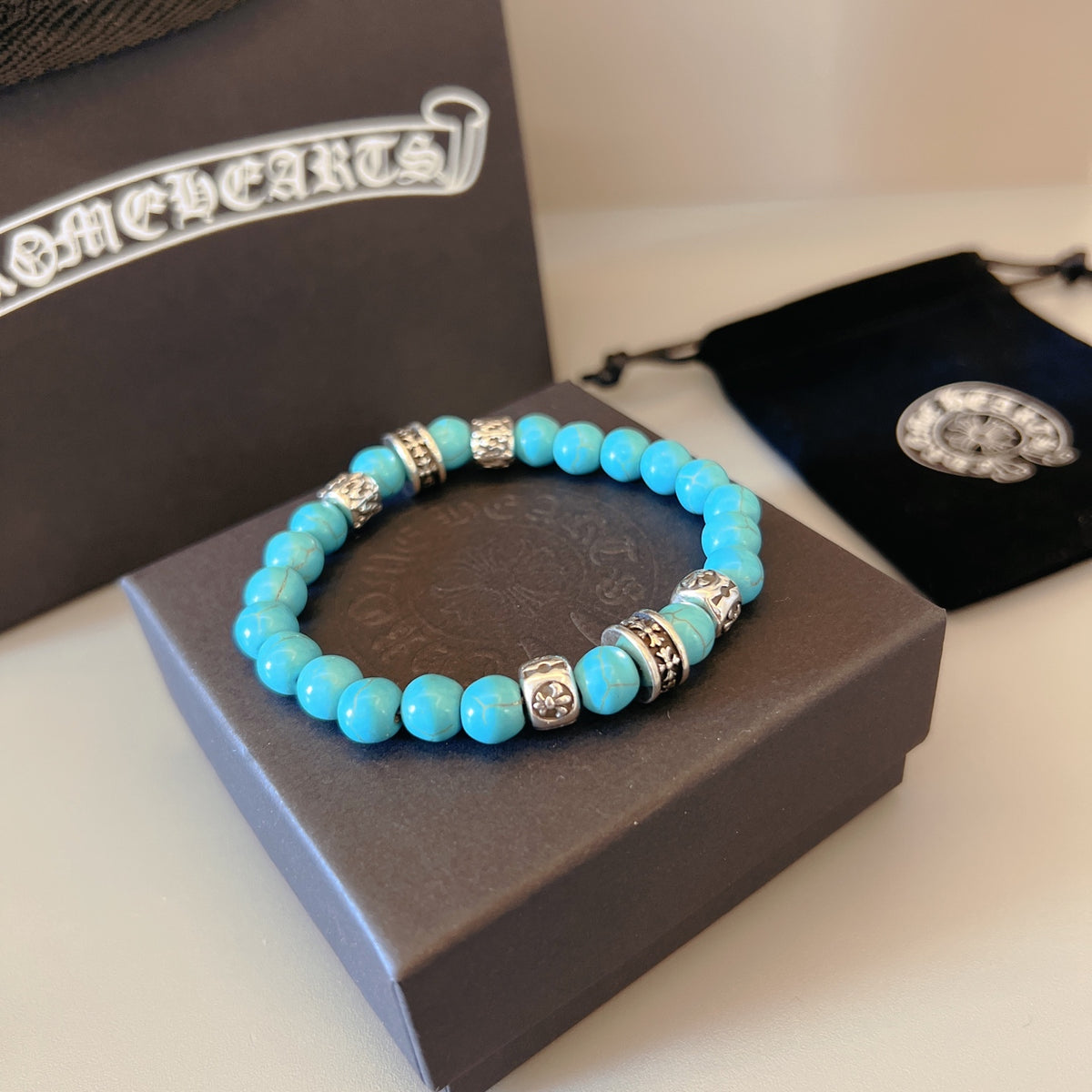 Gothic Emblem Beaded Bracelet in Metal-Tone – Design 08 front product view