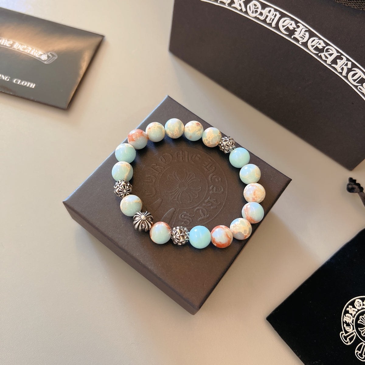 Gothic Emblem Beaded Bracelet in Metal-Tone – Design 09 front product view