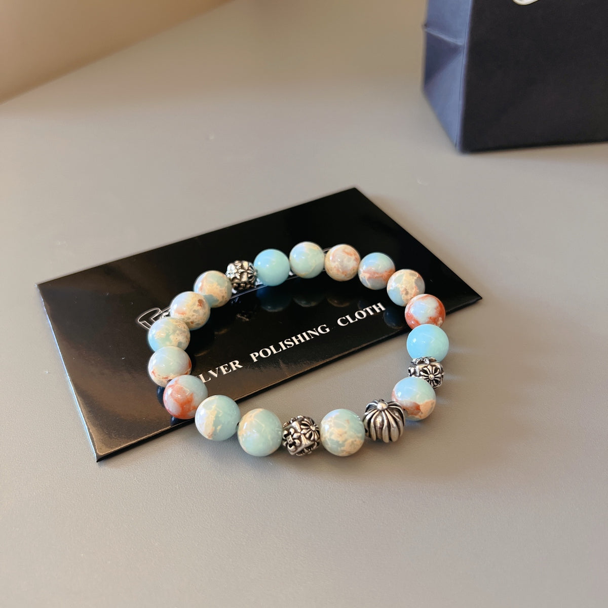 Gothic Emblem Beaded Bracelet in Metal-Tone – Design 09 side detail