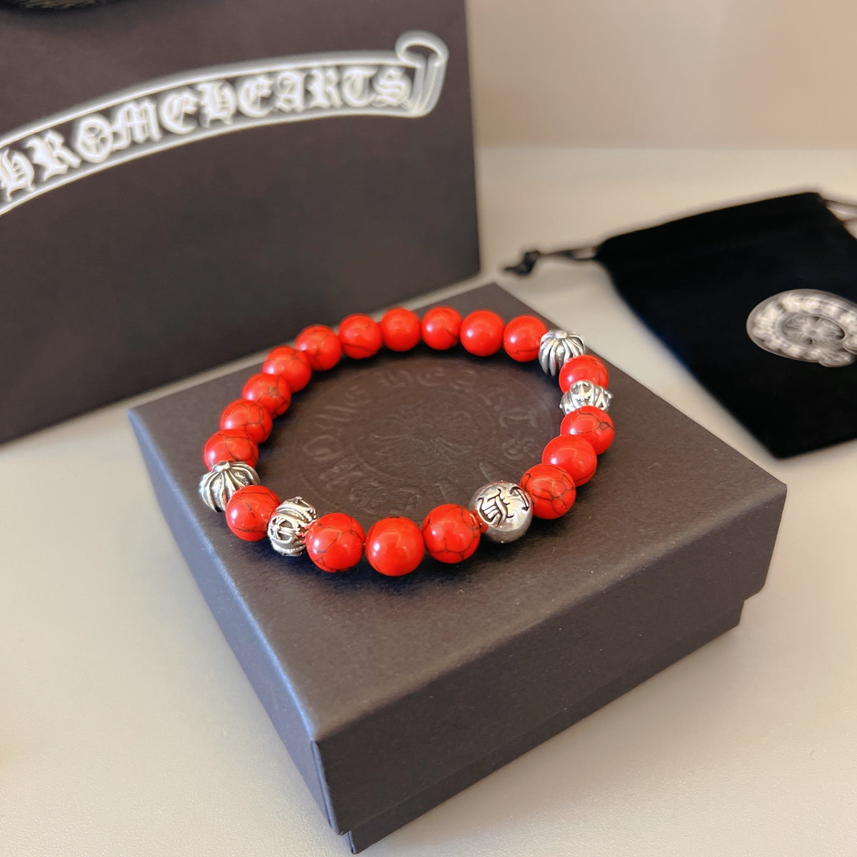 Gothic Emblem Beaded Bracelet in Metal-Tone – Design 12 front product view