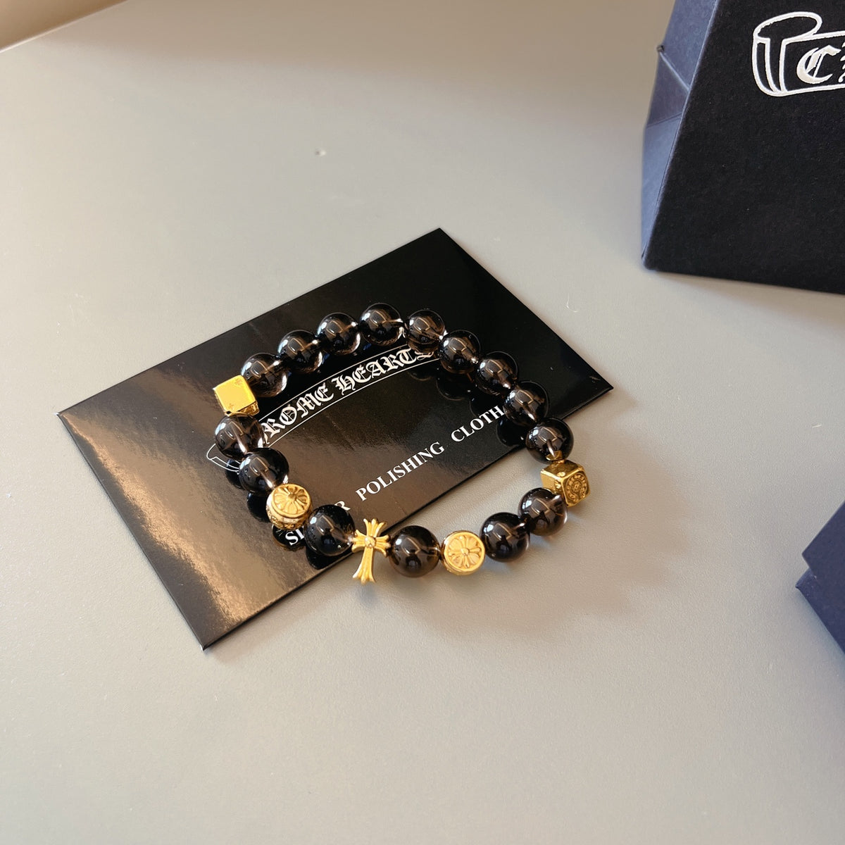 Gothic Emblem Beaded Bracelet in Metal-Tone – Design 13 front product view