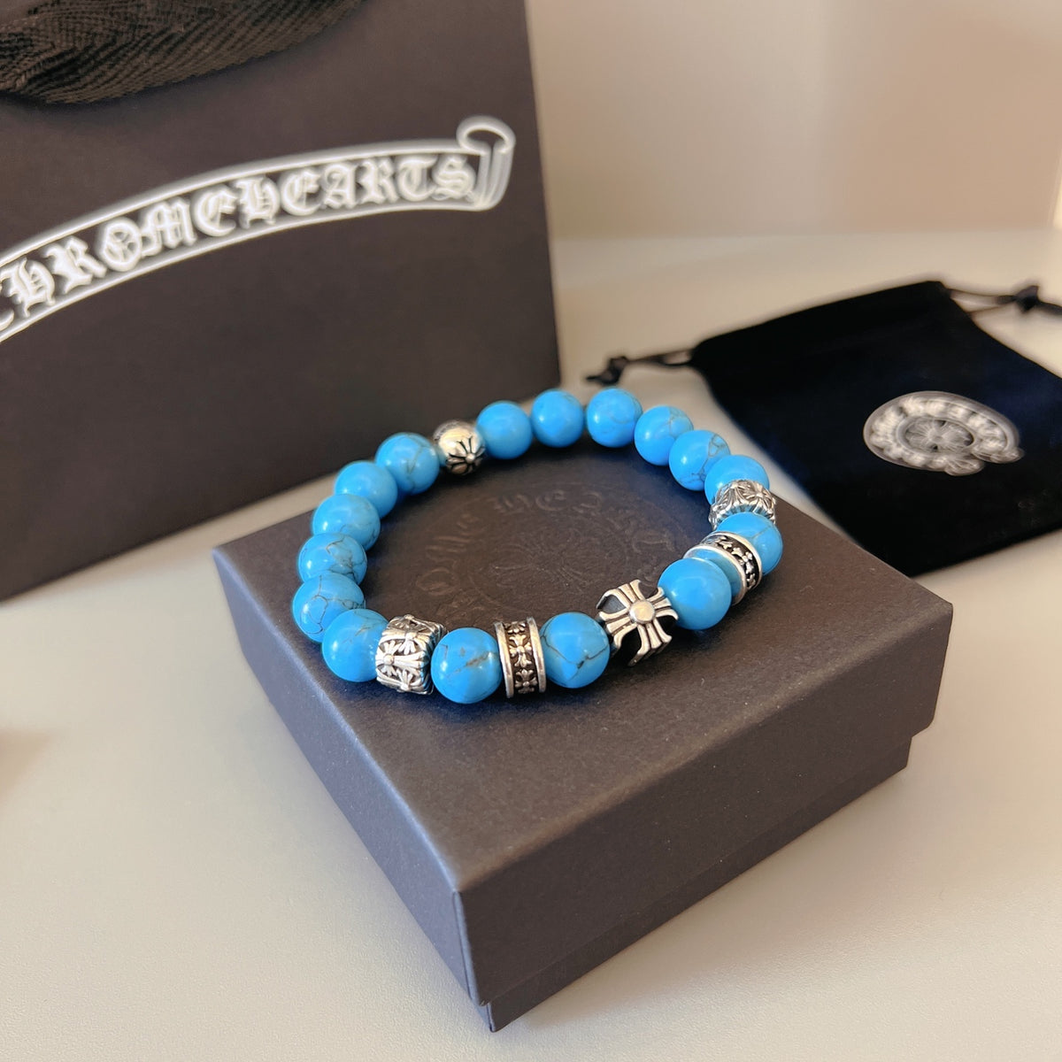 Gothic Emblem Beaded Bracelet in Metal-Tone – Design 14 front product view