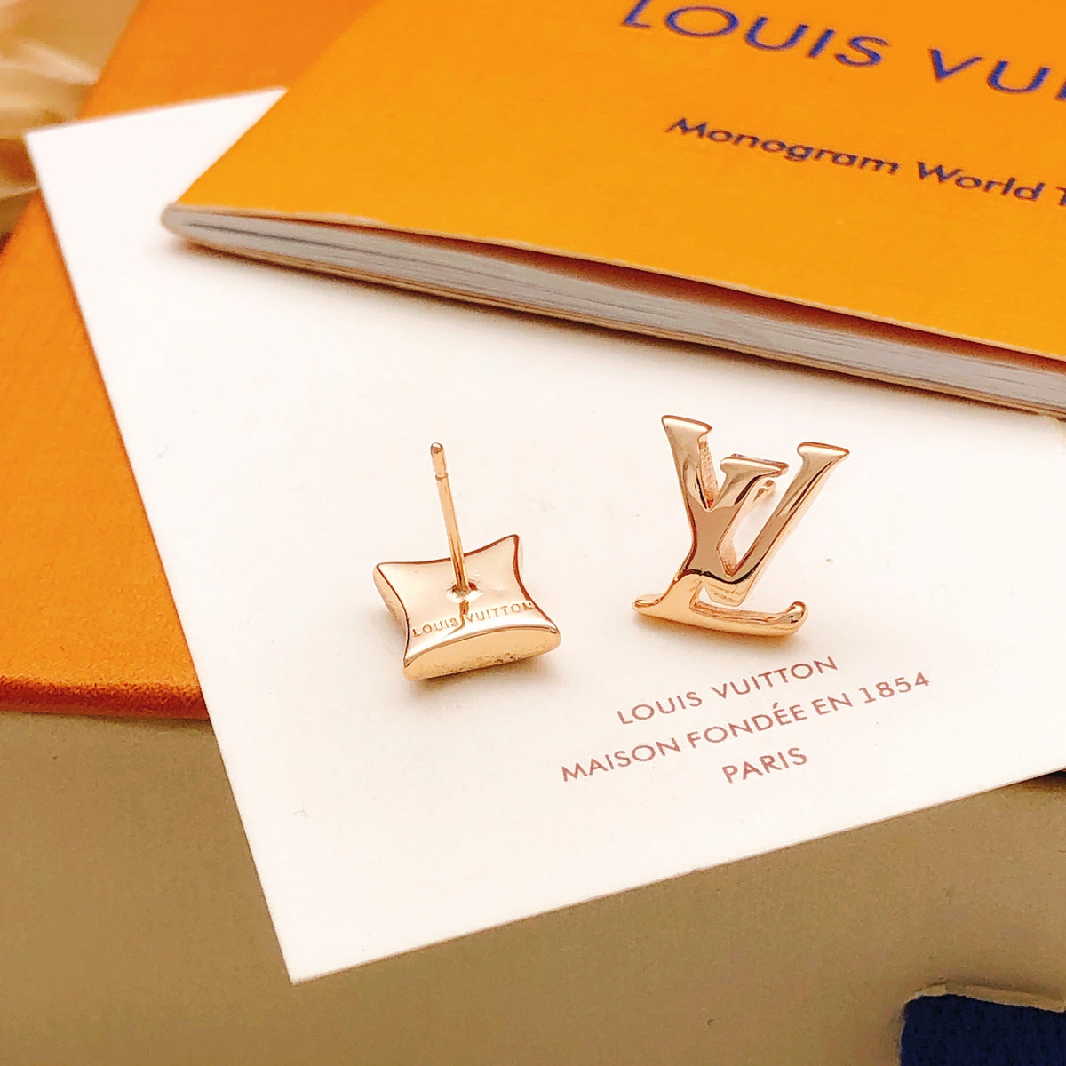 Geometric Emblem Stud Earrings in Rose-Gold-Tone – Rose Gold Detail – Design 007 front product view
