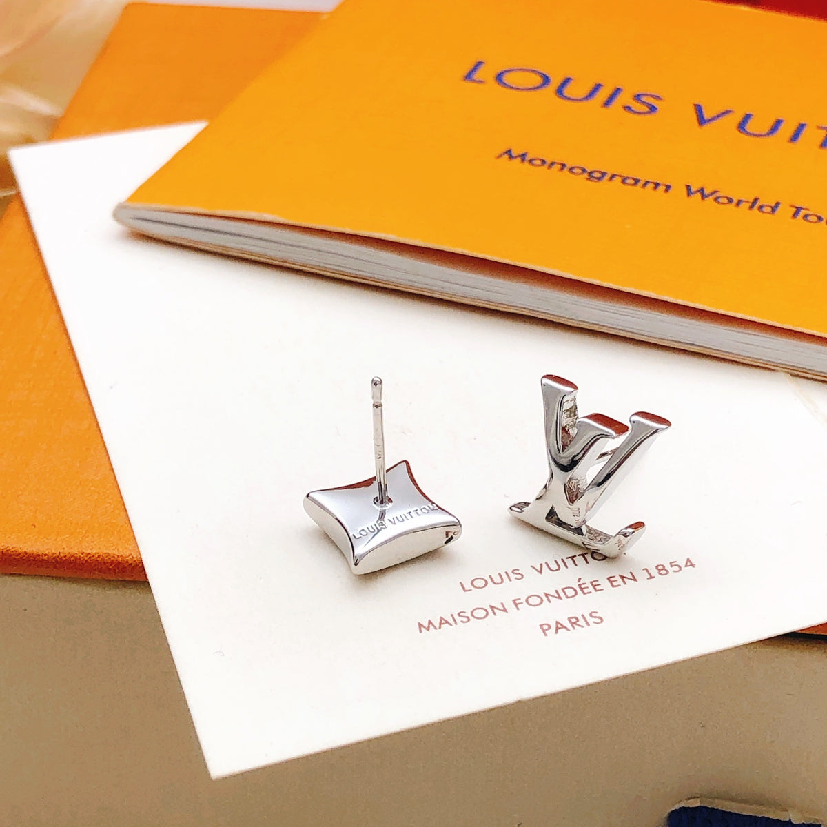 Geometric Emblem Stud Earrings in Silver-Tone – Silver Detail – Design 009 front product view