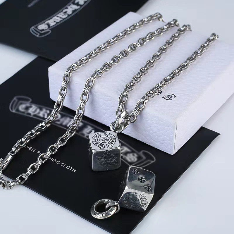 Cross Pendant Necklace in Antique Silver-Tone – Dice Detail side detail