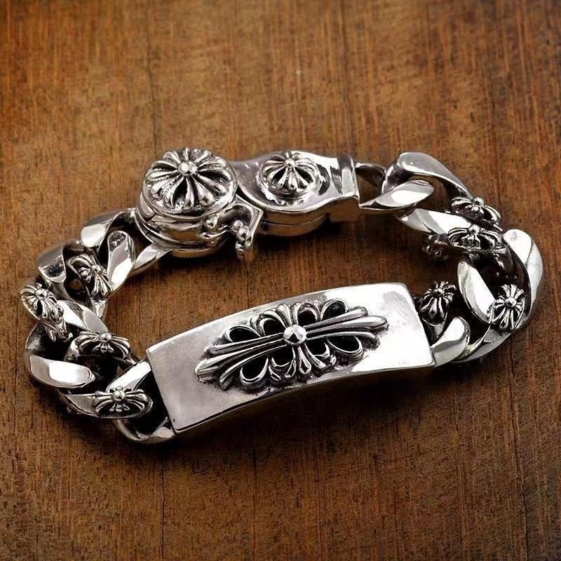 Cross Statement Bracelet in Antique Silver-Tone – Design 04 close-up detail