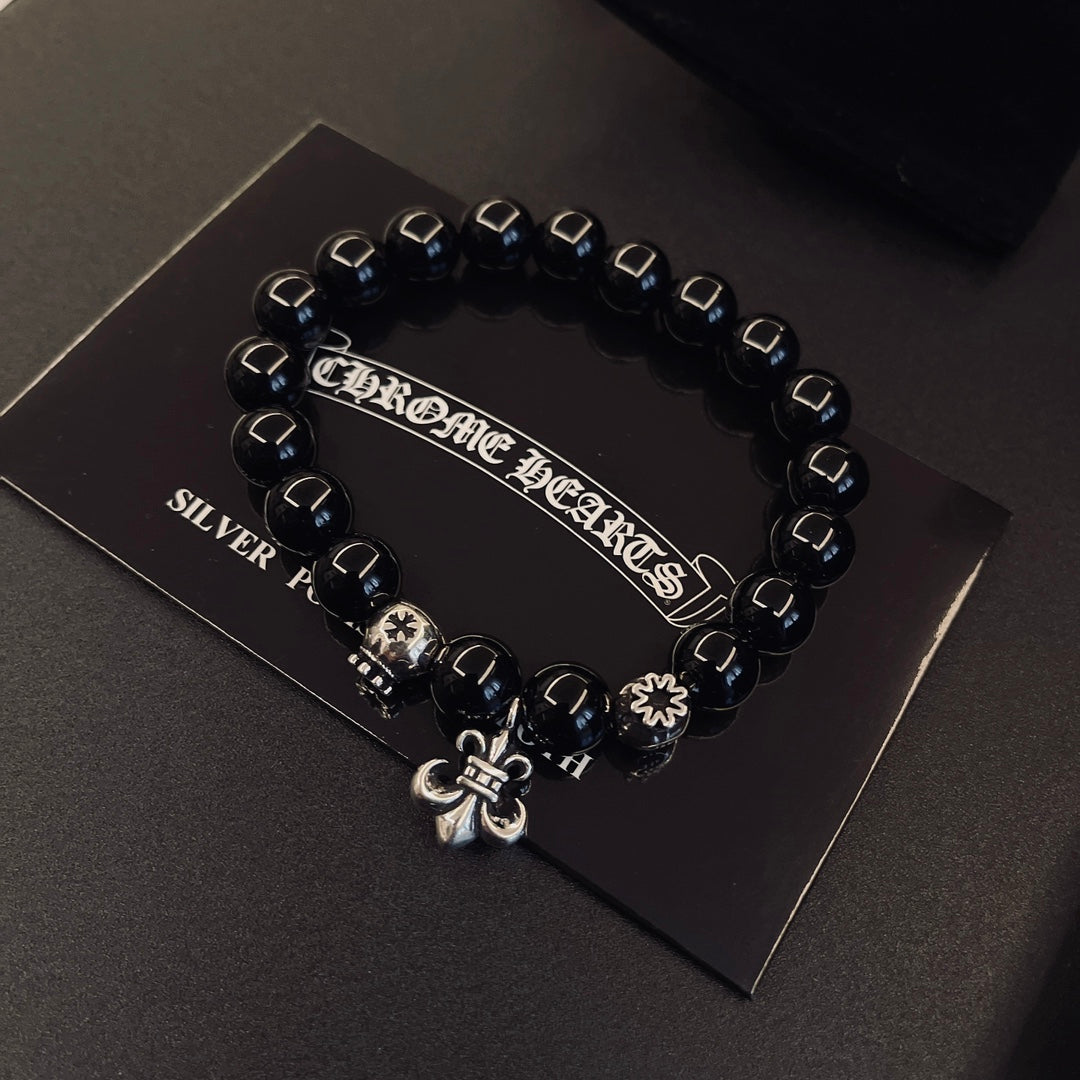 Gothic Emblem Beaded Bracelet in Metal-Tone – Design 02 front product view